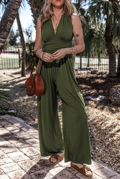 Moss Green Sleeveless V Neck Ruched Wide Leg Jumpsuit - L & M Kee, LLC