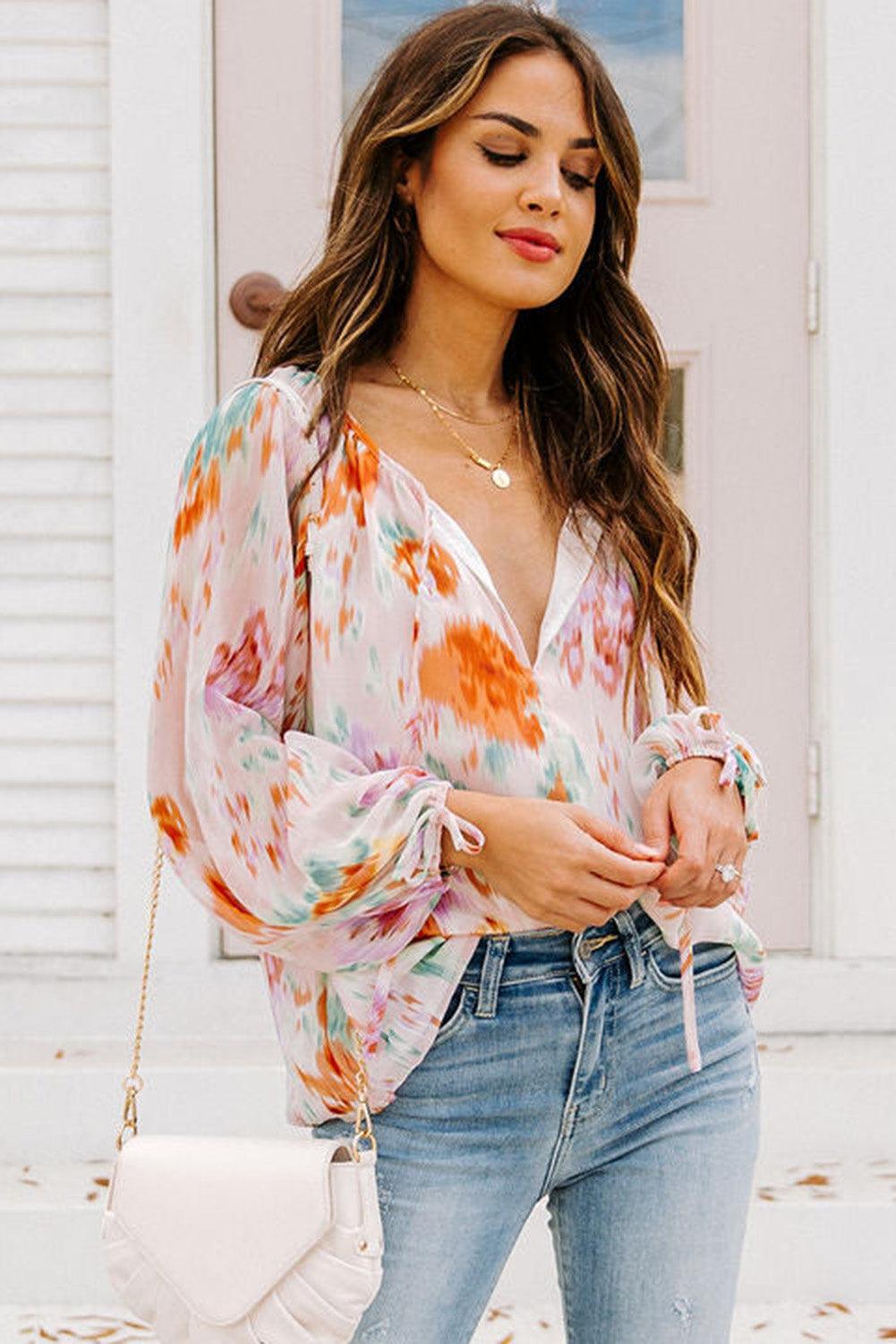 Multicolor Abstract Print Split Neck Puff Sleeve Blouse - L & M Kee, LLC