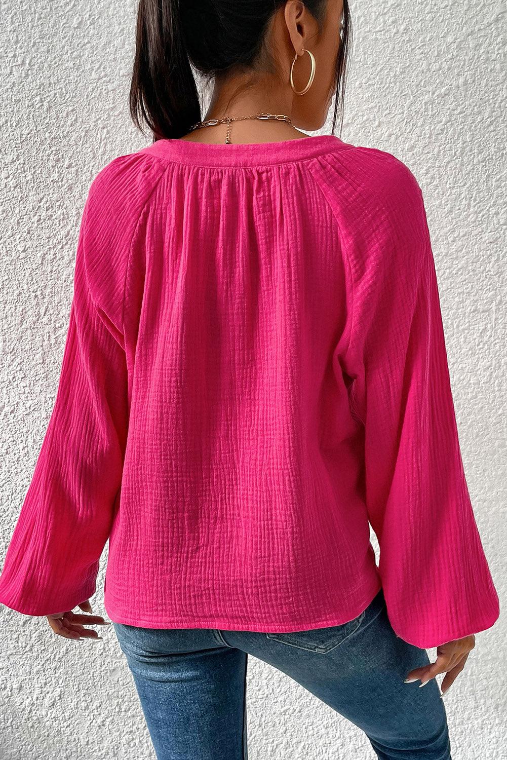 Crinkle Split Neck Puff Sleeve Blouse - L & M Kee, LLC