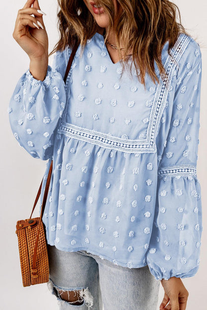 Blue Ruffled Split Neck Lace Hollow Out Puff Sleeve Polka Dot Blouse - L & M Kee, LLC