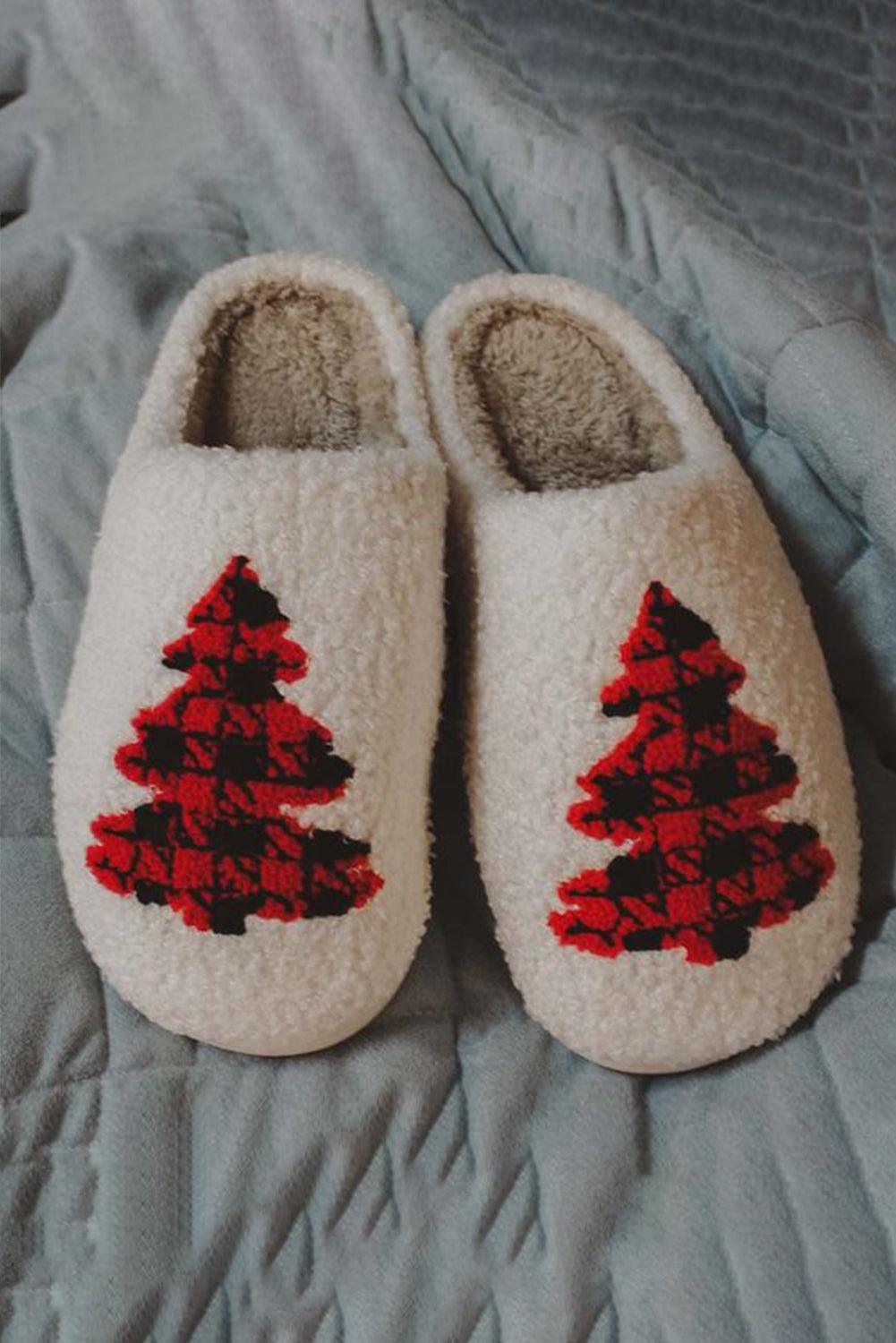 White Fuzzy Tree Pattern Christmas Fashion Home Slippers - L & M Kee, LLC