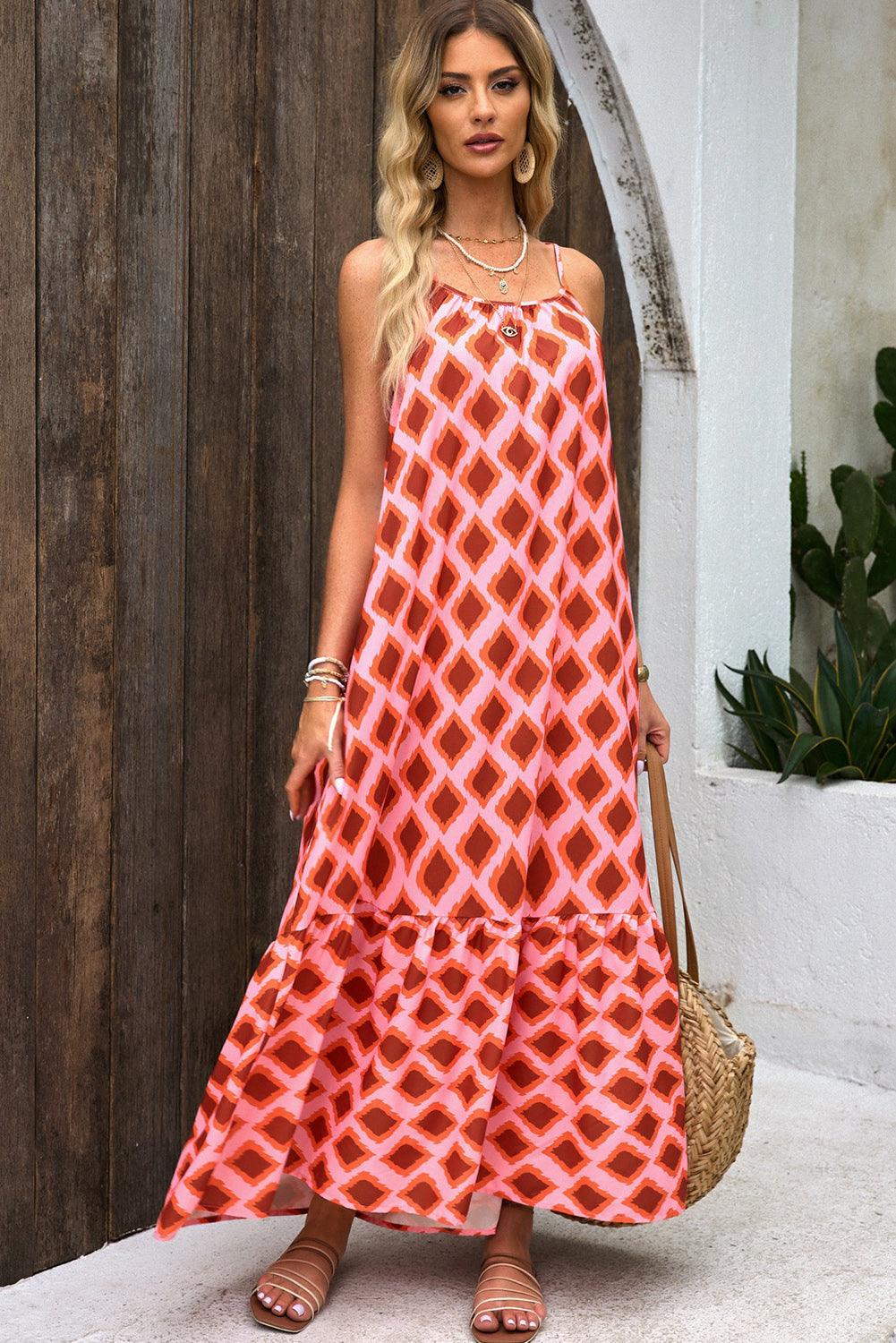 Geometric Print Loose Fit Sleeveless Maxi Dress - L & M Kee, LLC