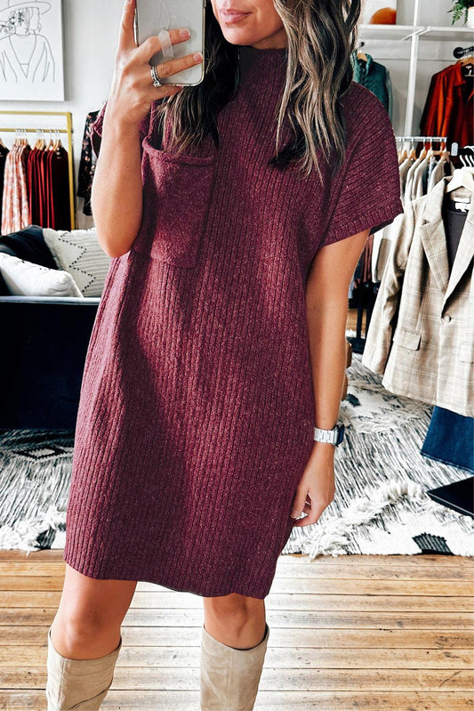 Red Dahlia Patch Pocket Ribbed Knit Short Sleeve Sweater Dress - L & M Kee, LLC
