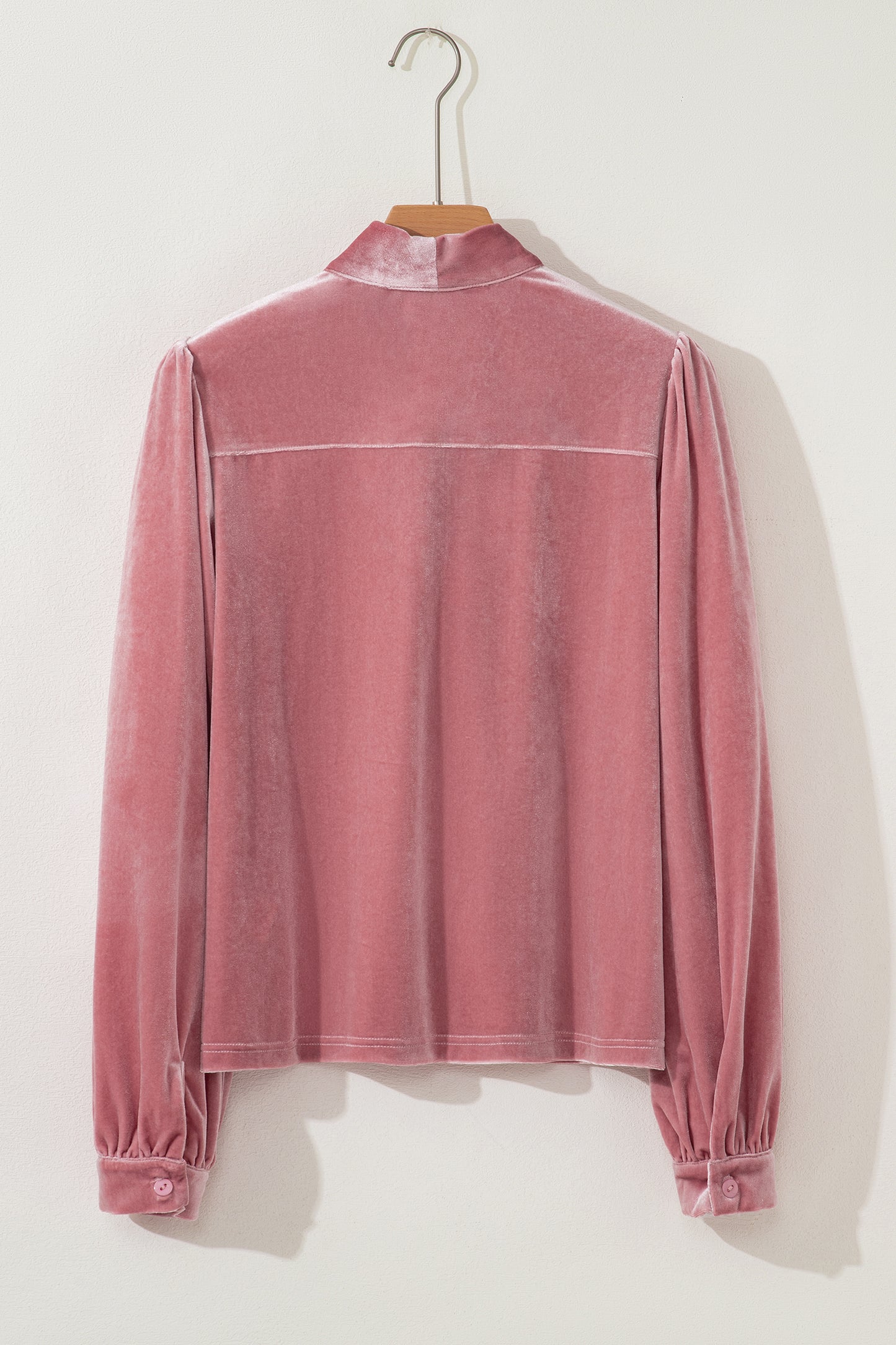 Fushia Solid Color Velvet Ribbon Bow Knot Long Sleeve Blouse