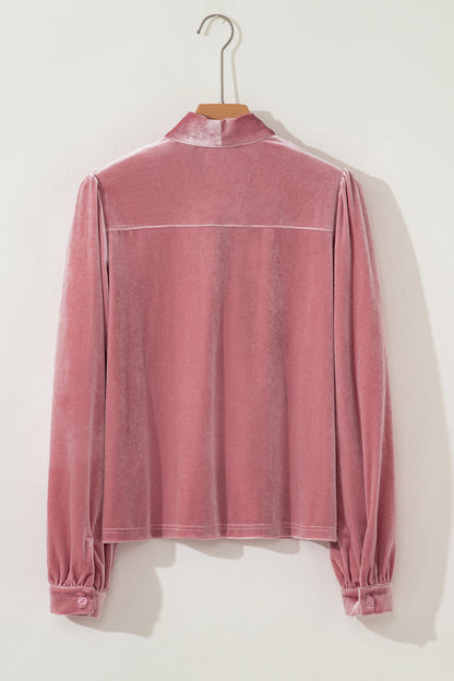 Fushia Solid Color Velvet Ribbon Bow Knot Long Sleeve Blouse