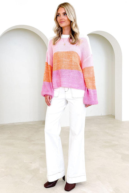 Pink Colorblock Drop Shoulder Pullover Loose Sweater - L & M Kee, LLC
