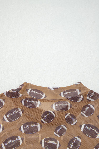 Brown Game Day Rugby Mesh Sheer Long Sleeve Top