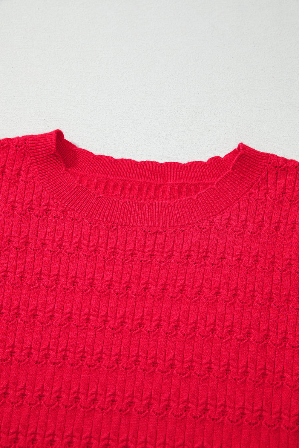 Fiery Red Trendy Pattern Knit Ribbed Cuffs Crew Neck Sweater