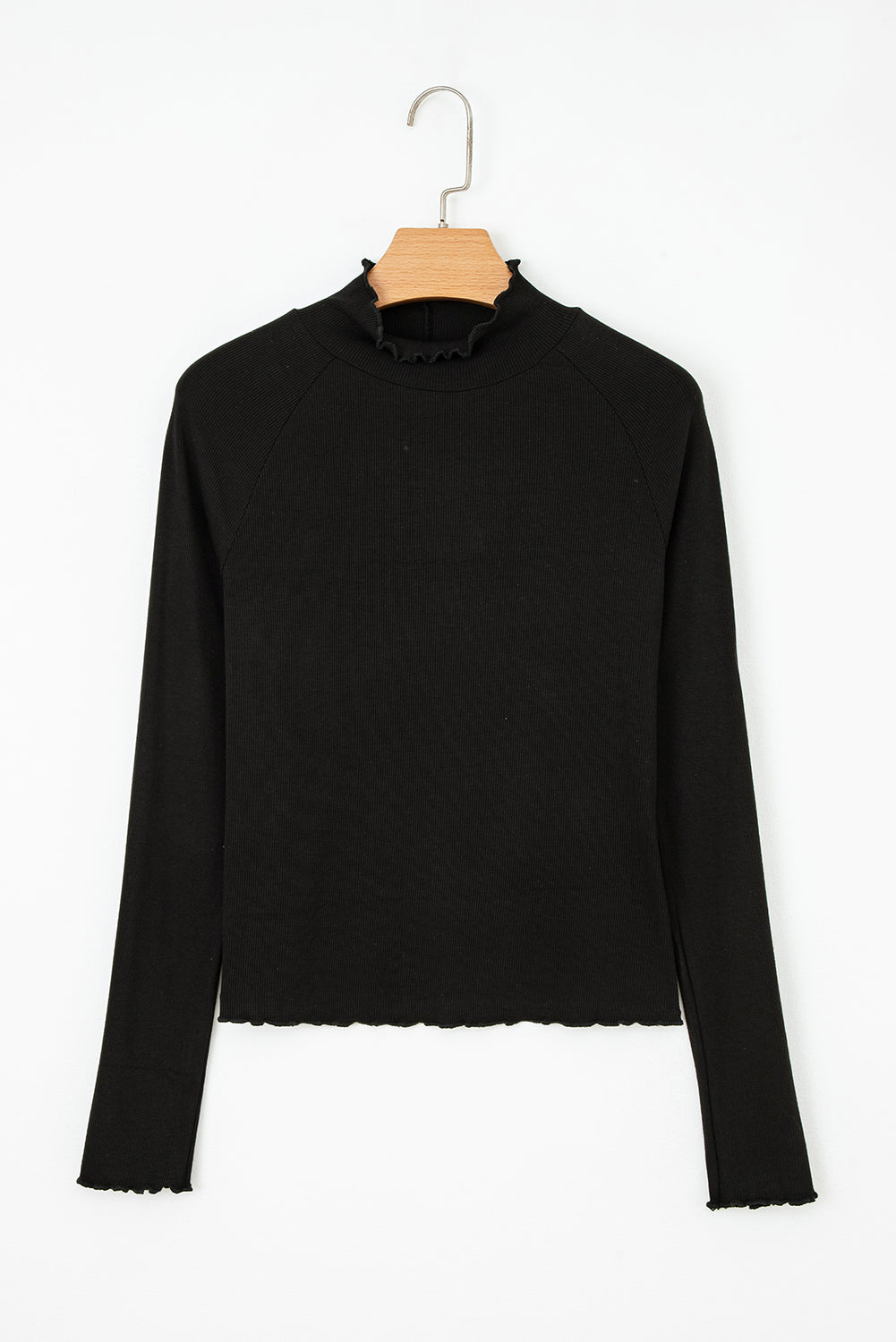 Black Ribbed Knit Lettuce Trim High Neck Long Sleeve Top