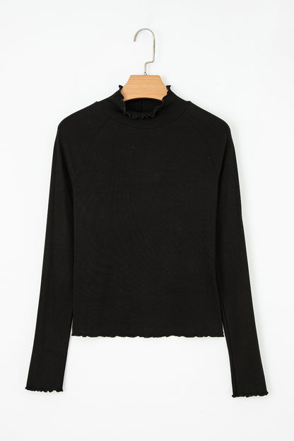 Black Ribbed Knit Lettuce Trim High Neck Long Sleeve Top