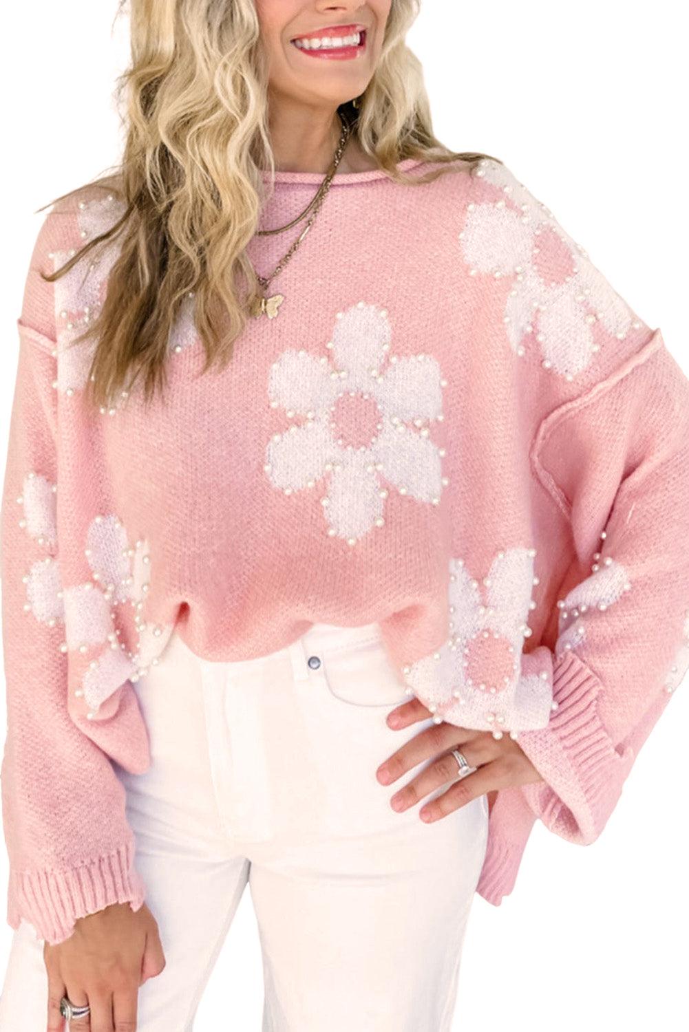 Multicolour Pearl Beaded Floral Drop Shoulder Sweater - L & M Kee, LLC