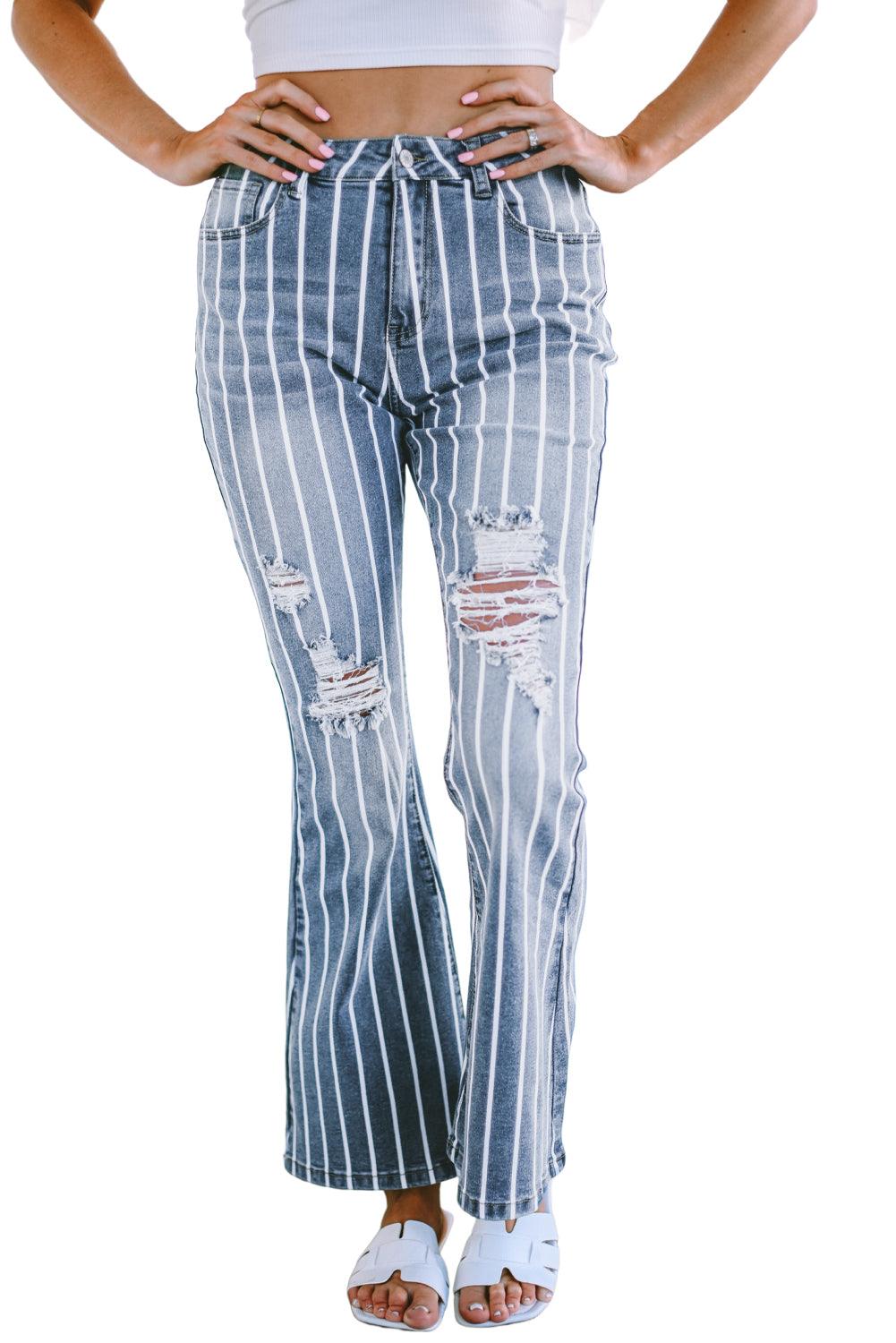 Vertical Striped Ripped Flare Jeans - L & M Kee, LLC