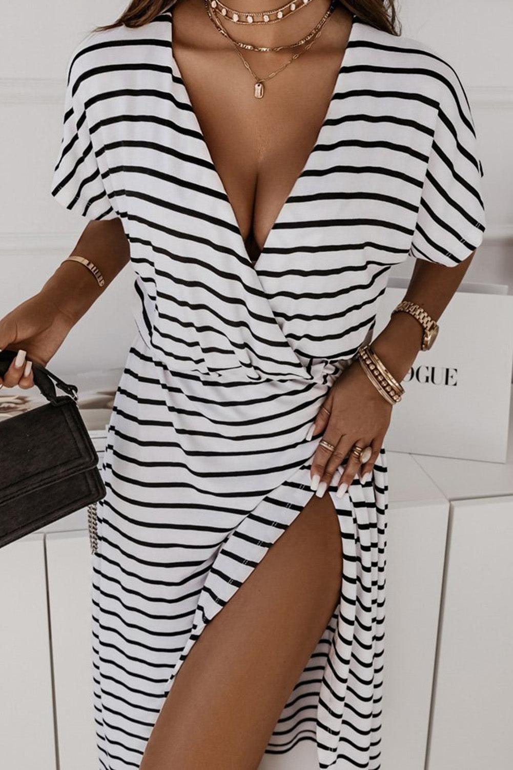 Stripe Wrapped V Neck Short Sleeve Split Dress - L & M Kee, LLC