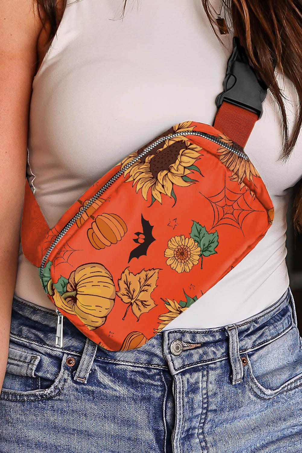 Orange Pumpkin Sunflower Halloween Graphic Crossbody Bag - L & M Kee, LLC