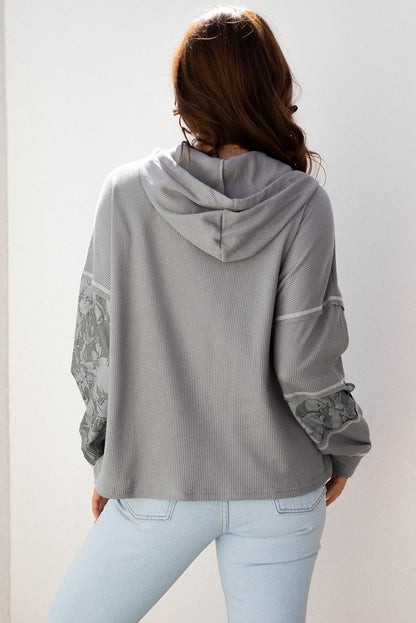 Gray Waffle Printed Patchwork Drawstring Hooded Long Sleeve Top