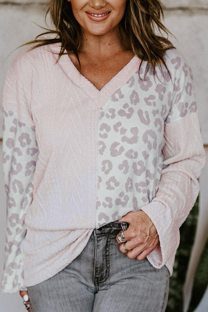 Leopard Splicing Knitted V Neck Plus Size Jumper - L & M Kee, LLC