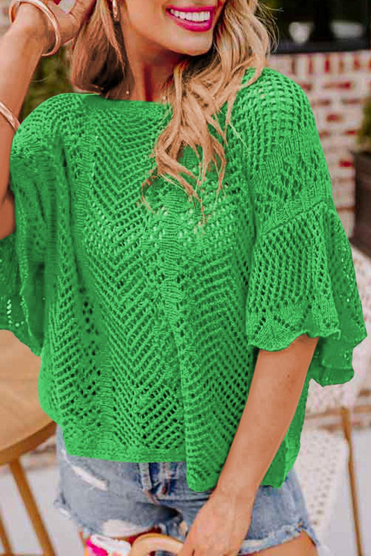 Green Pointelle Knit Scallop Edge Short Sleeve Top - L & M Kee, LLC