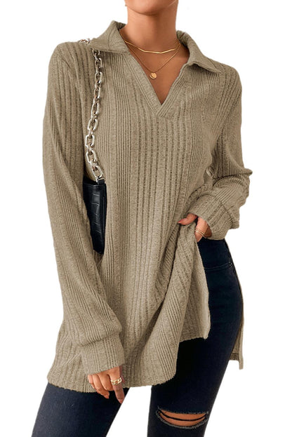 Apricot Ribbed Knit V Neck Collared Split Hem Tunic - L & M Kee, LLC