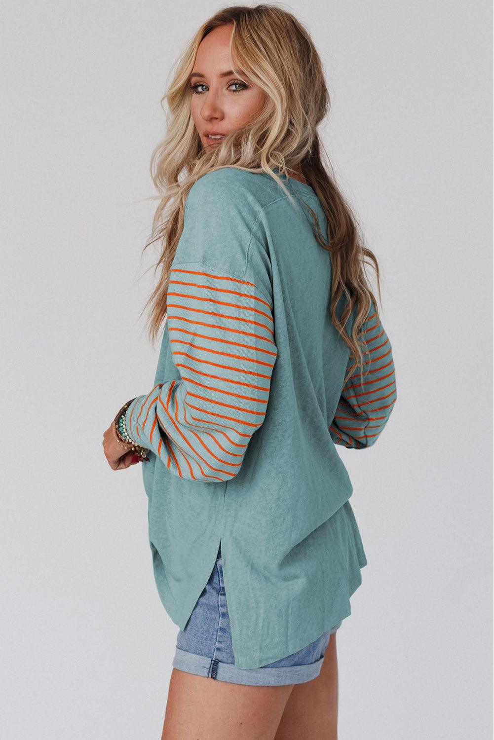 Green Colorblock Striped Bishop Sleeve Top - L & M Kee, LLC