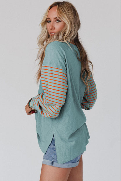 Green Colorblock Striped Bishop Sleeve Top - L & M Kee, LLC