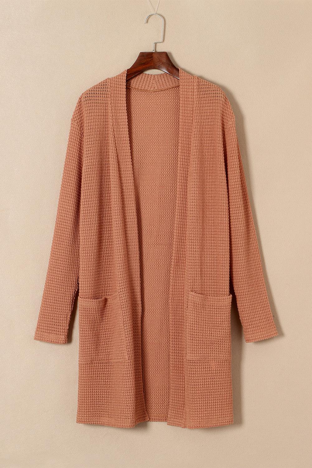 Brown Waffled Knit Thumb Sleeve Pocketed Cardigan - L & M Kee, LLC