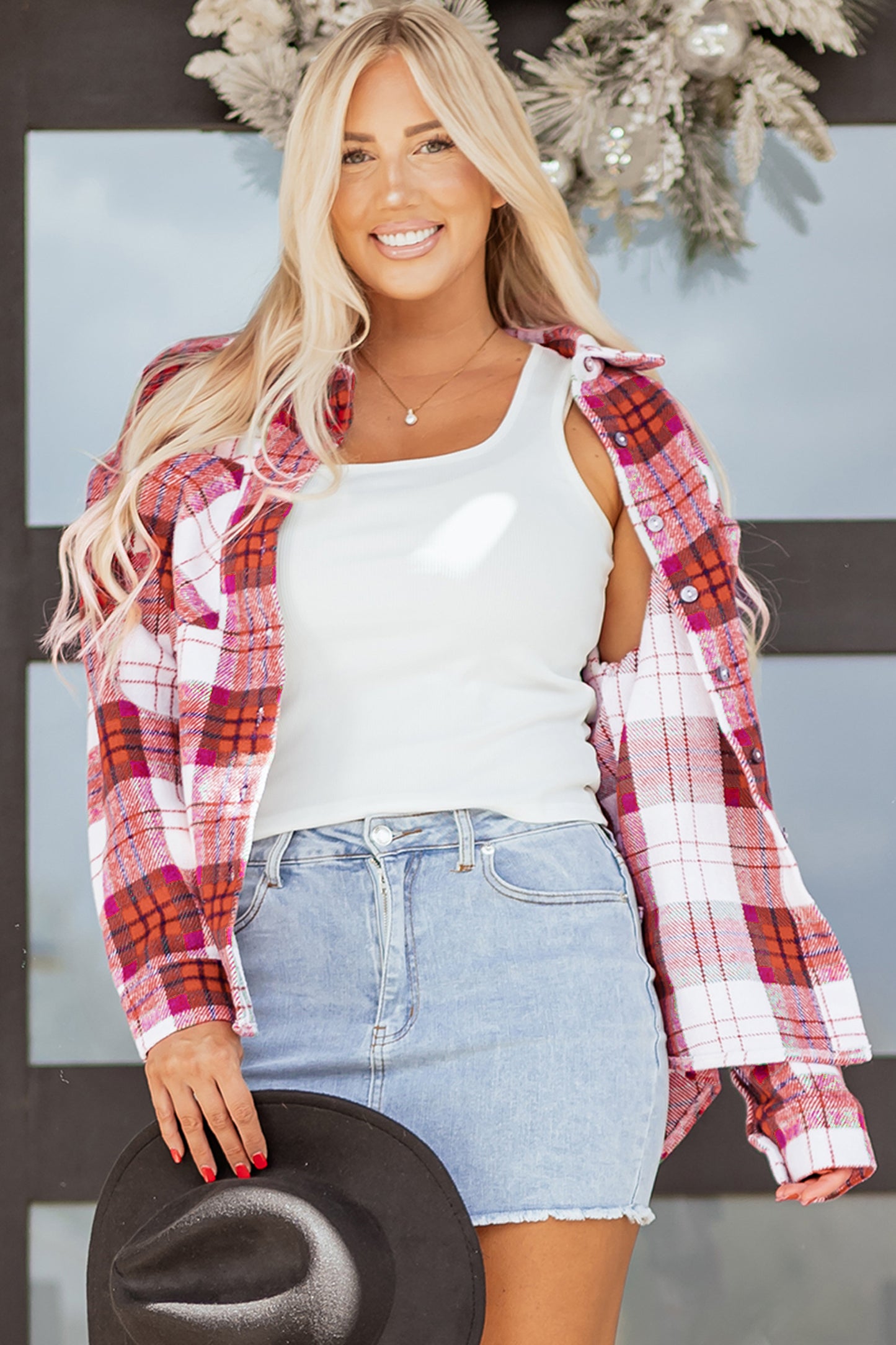 Rose Christmas Plaid Casual Flannel Shacket