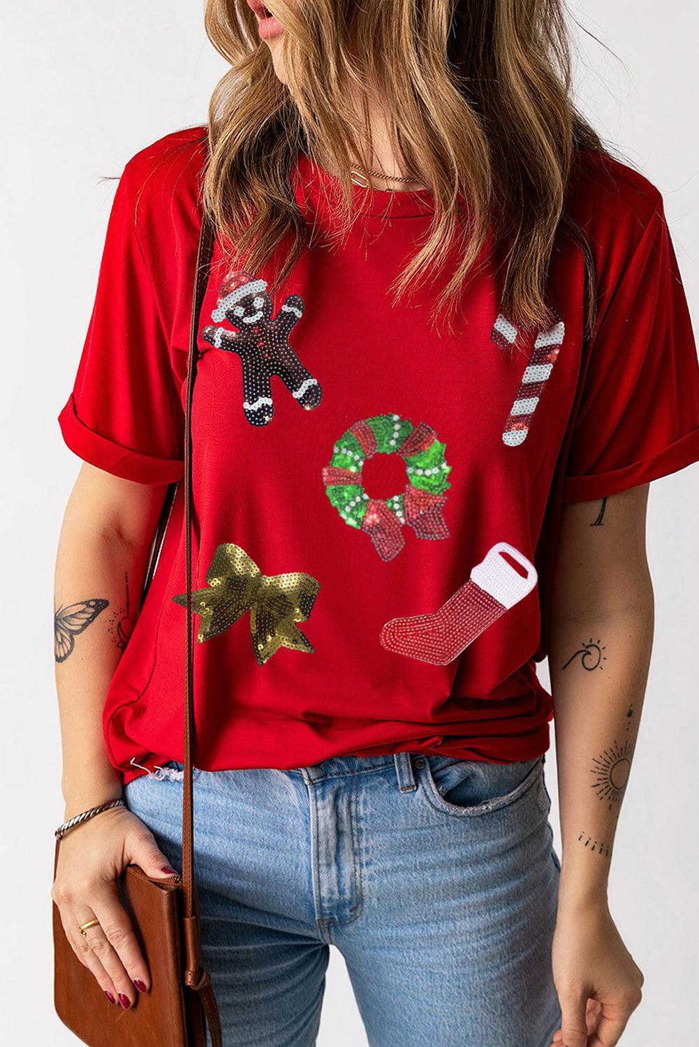 Red Christmas Sequin Pattern Crew Neck Graphic Tee - L & M Kee, LLC