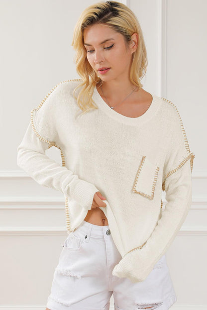 Beige Exposed Stitching Chest Pocket Drop Shoulder Sweater - L & M Kee, LLC