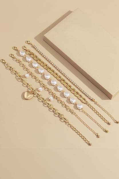 Gold Heart Pendant Pearl Rhinestone Chain Bracelet Set