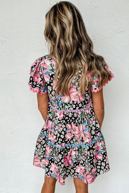 Pink Leopard Floral Print Wavy Embellished Mini Dress - L & M Kee, LLC