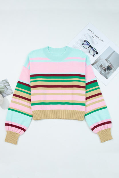Multicolour Striped Knit Ribbed Trim Boxy Fit Cropped Sweater