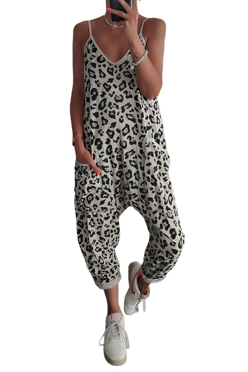 Leopard Spaghetti Straps Side Pockets Loose Fit Jumpsuit - L & M Kee, LLC