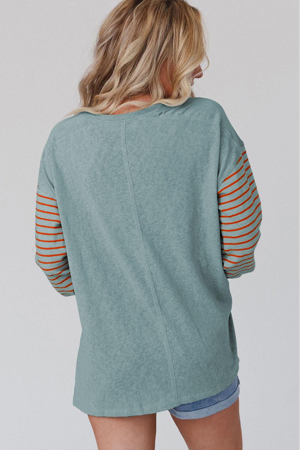 Green Colorblock Striped Bishop Sleeve Top - L & M Kee, LLC