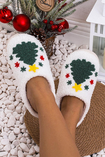 White Fuzzy Christmas Tree Pattern Home Slippers - L & M Kee, LLC