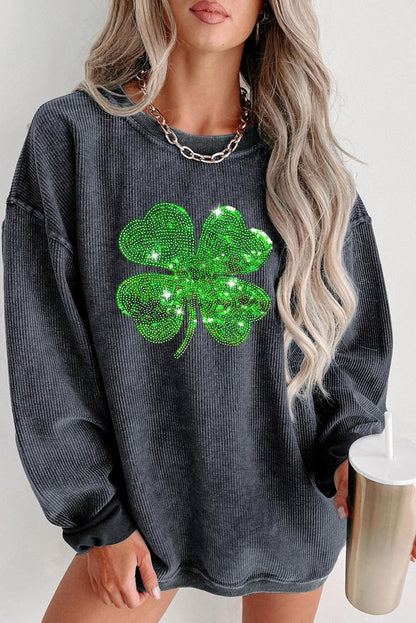 Gray Sequin St Patrick Clover Patch Corded Sweatshirt - L & M Kee, LLC