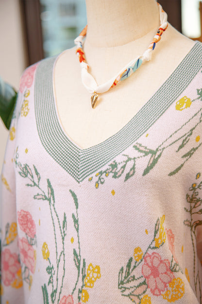 Pink Floral Pattern Striped V Neck Loose Sweater