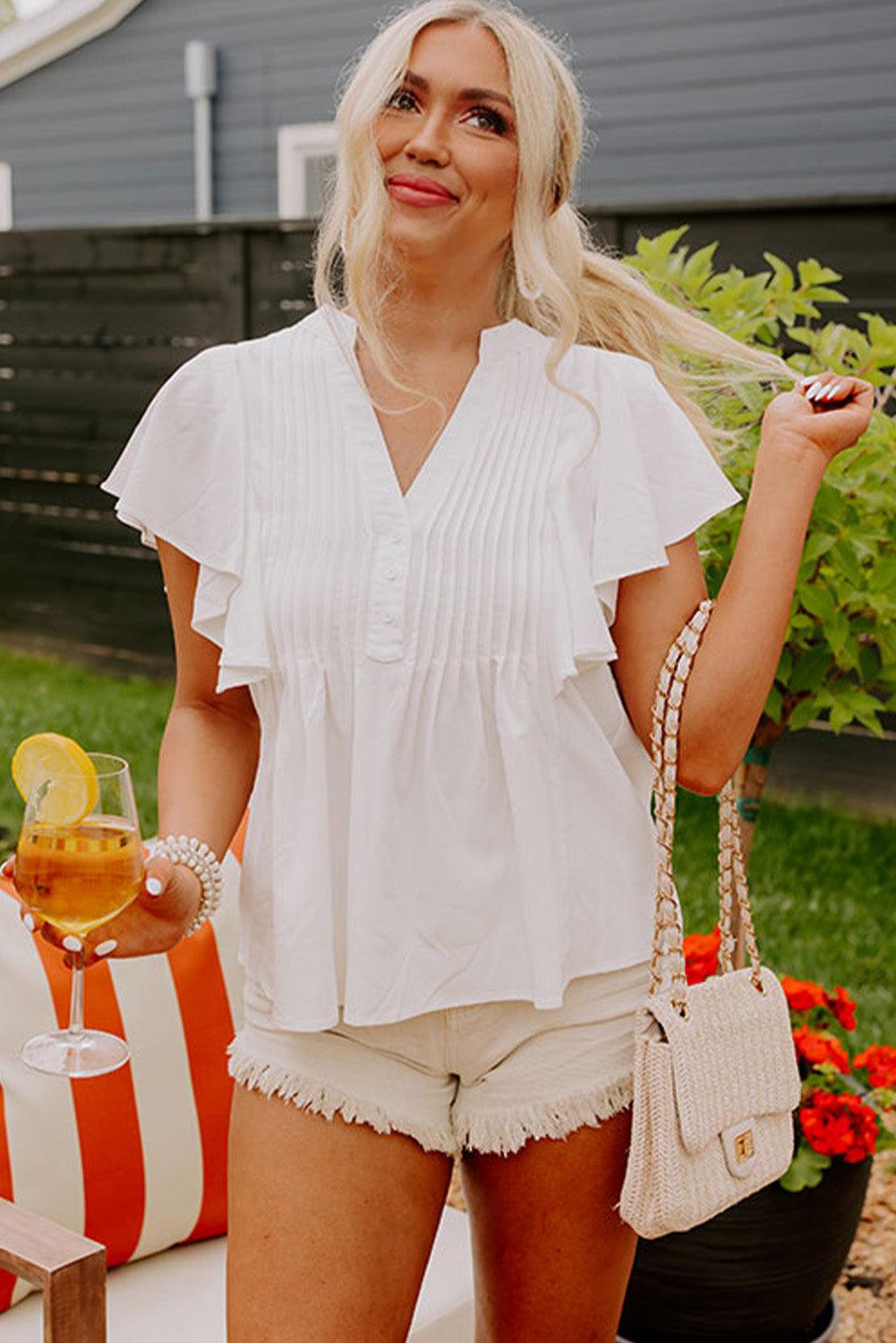 White V Neck Pleated Front Ruffled Sleeve Shirt - L & M Kee, LLC