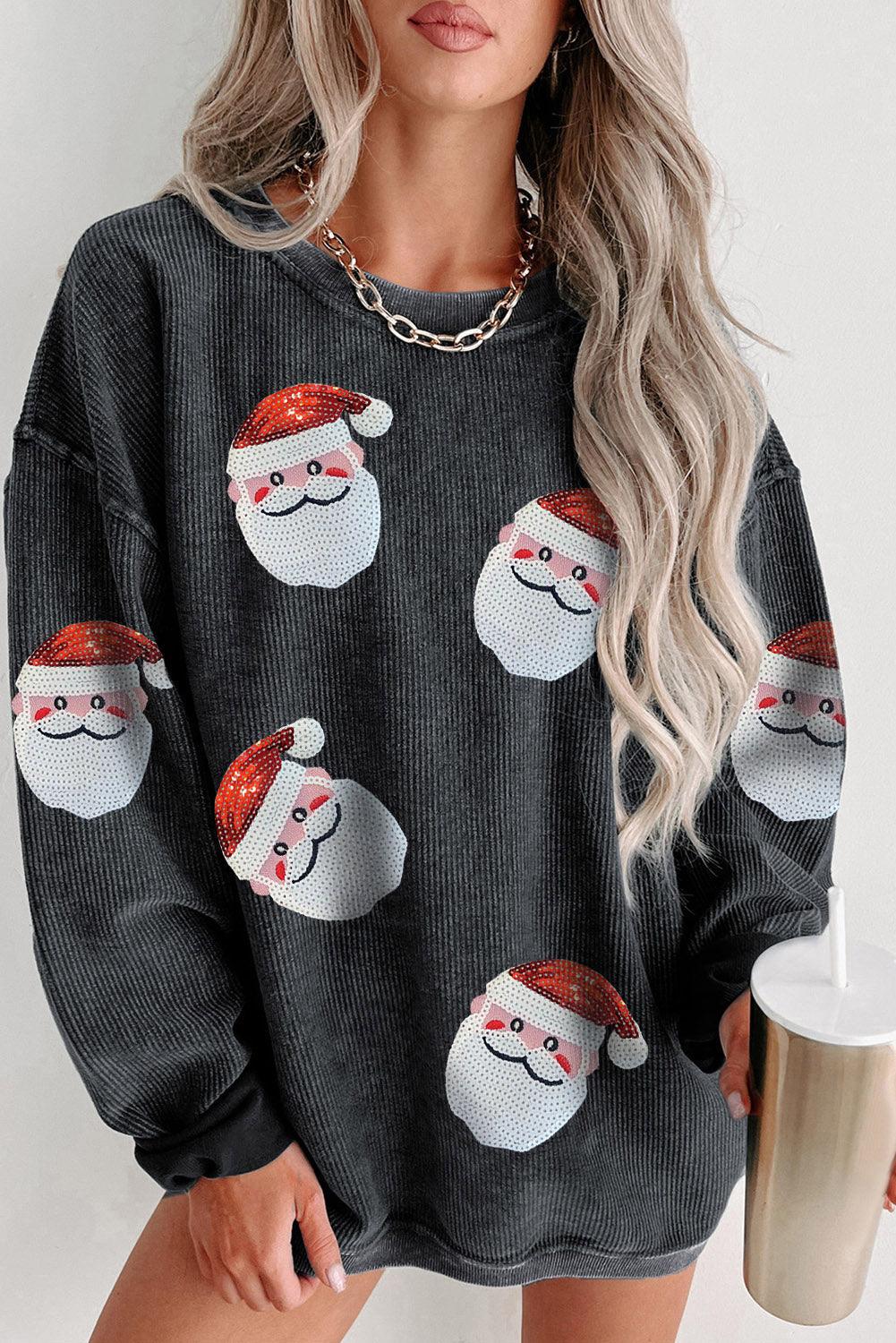 Black Sequined Santa Claus Corded Christmas Sweatshirt - L & M Kee, LLC