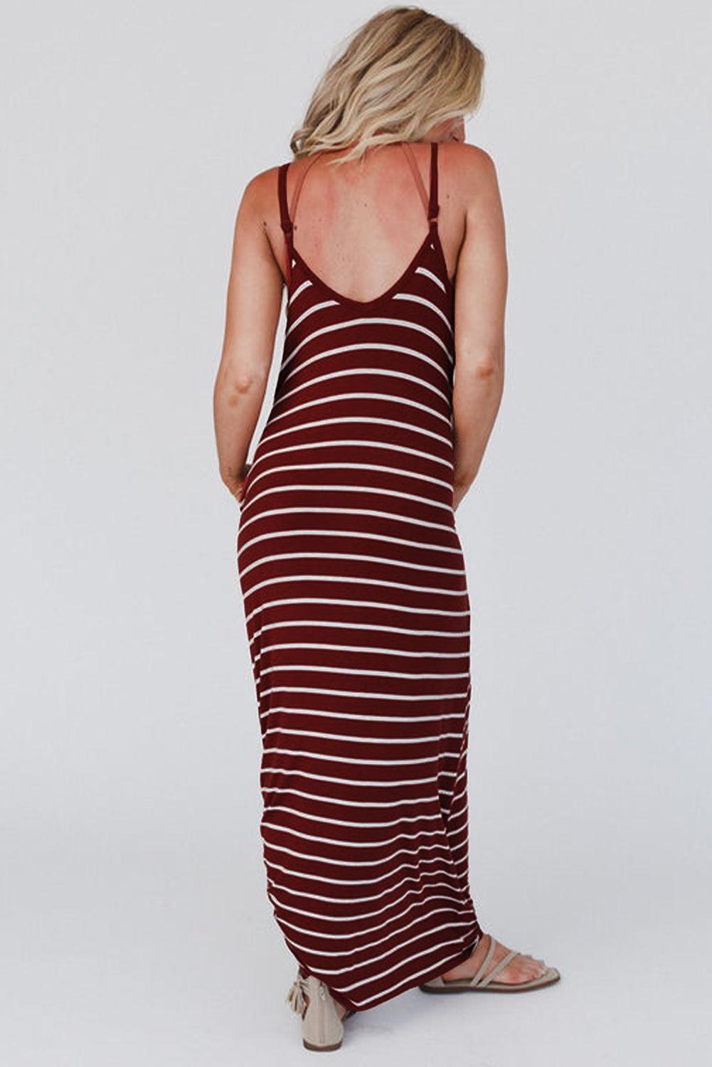 Red Stripe Side Pockets Spaghetti Straps Maxi Dress - L & M Kee, LLC