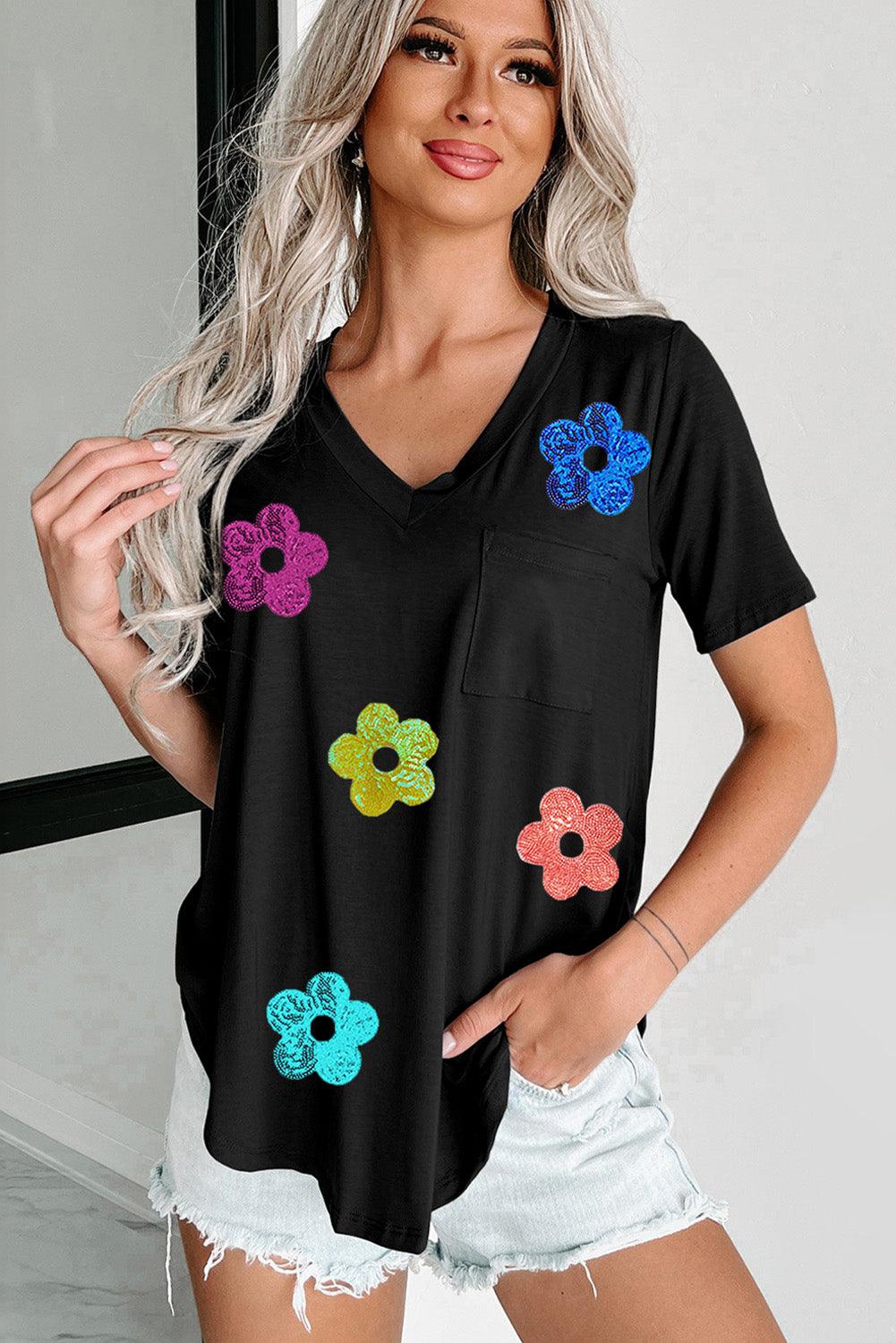 Black Sequined Flower Pocketed V Neck T Shirt - L & M Kee, LLC