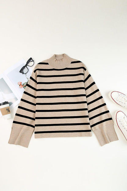 Khaki Striped Mock Neck Bell Sleeve Knit Sweater - L & M Kee, LLC