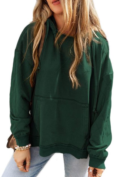 Blackish Green Quilted Patchwork Exposed Seam Hoodie - L & M Kee, LLC