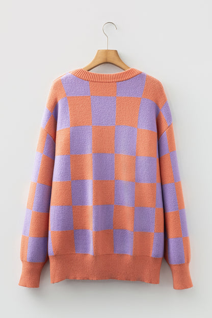 Grapefruit Orange Checkered Pattern Ribbed Trim Knit Baggy Sweater