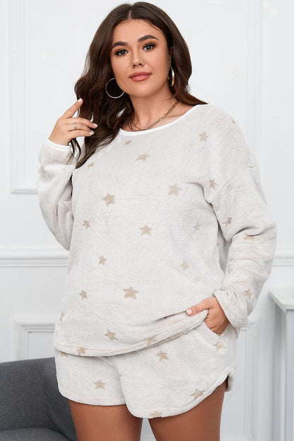 White Plus Size Plush Star Pattern Top and Shorts Set - L & M Kee, LLC