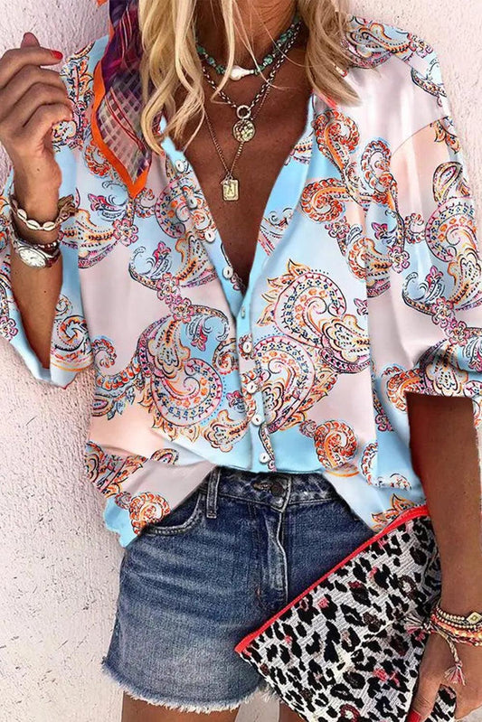 Boho Paisley Print Lantern Sleeve Button-Down Shirt - L & M Kee, LLC