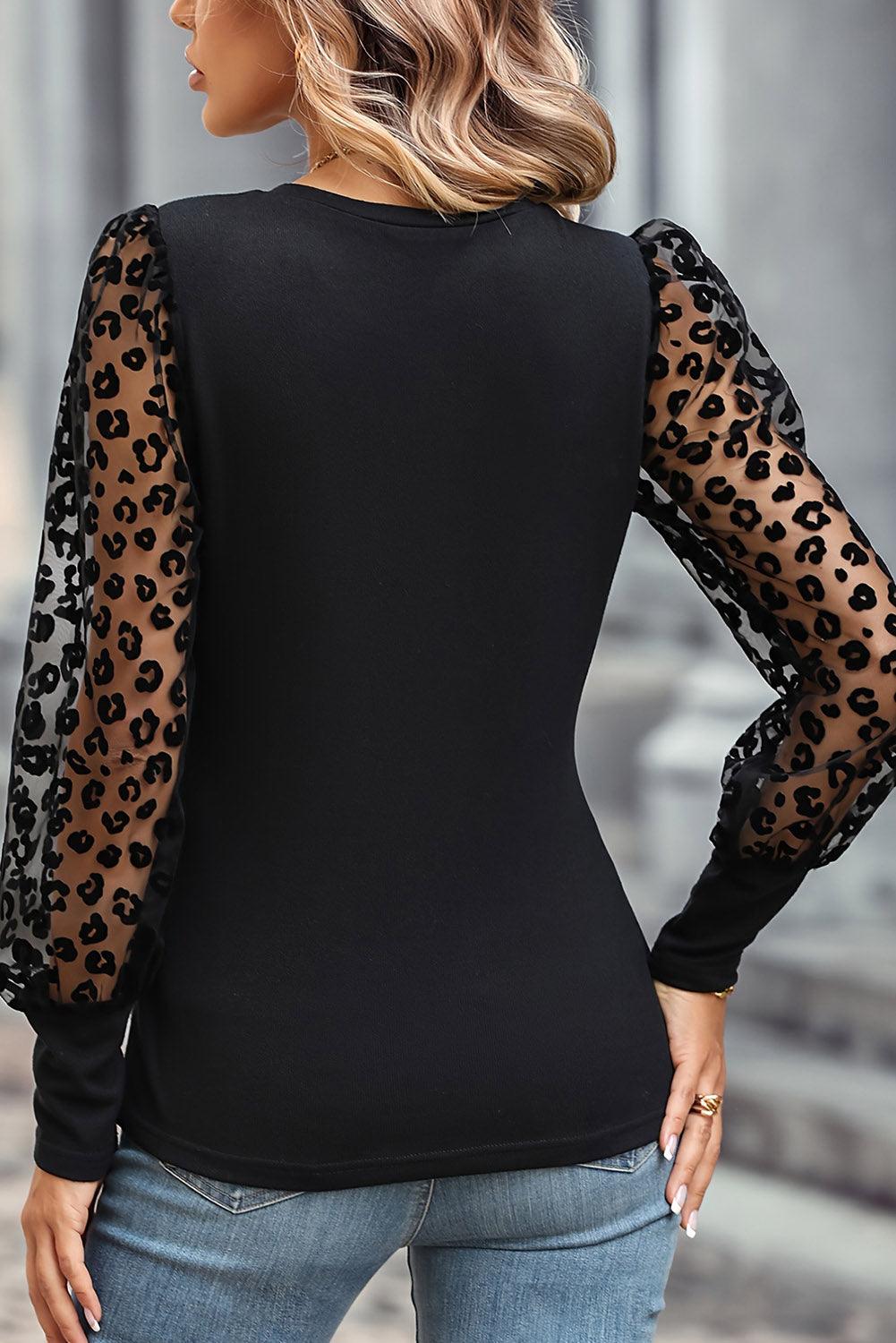 Black Leopard Mesh Puff Sleeve Patchwork Slim Fit Top - L & M Kee, LLC