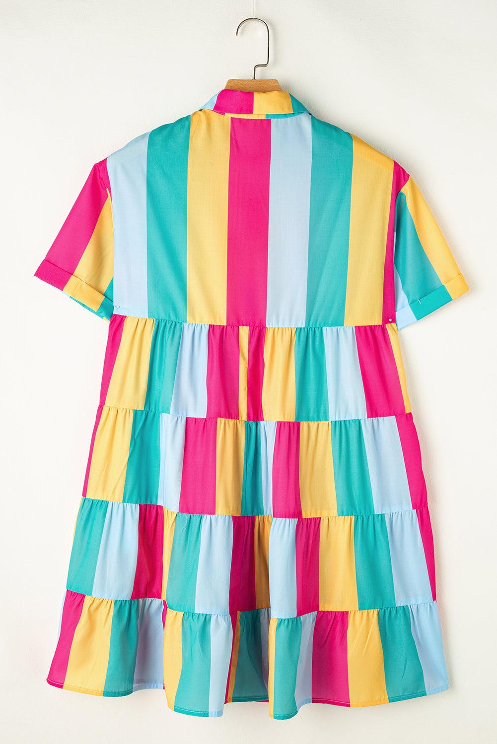 Rose Stripe Colorblock Short Sleeve Mini Shirt Dress - L & M Kee, LLC