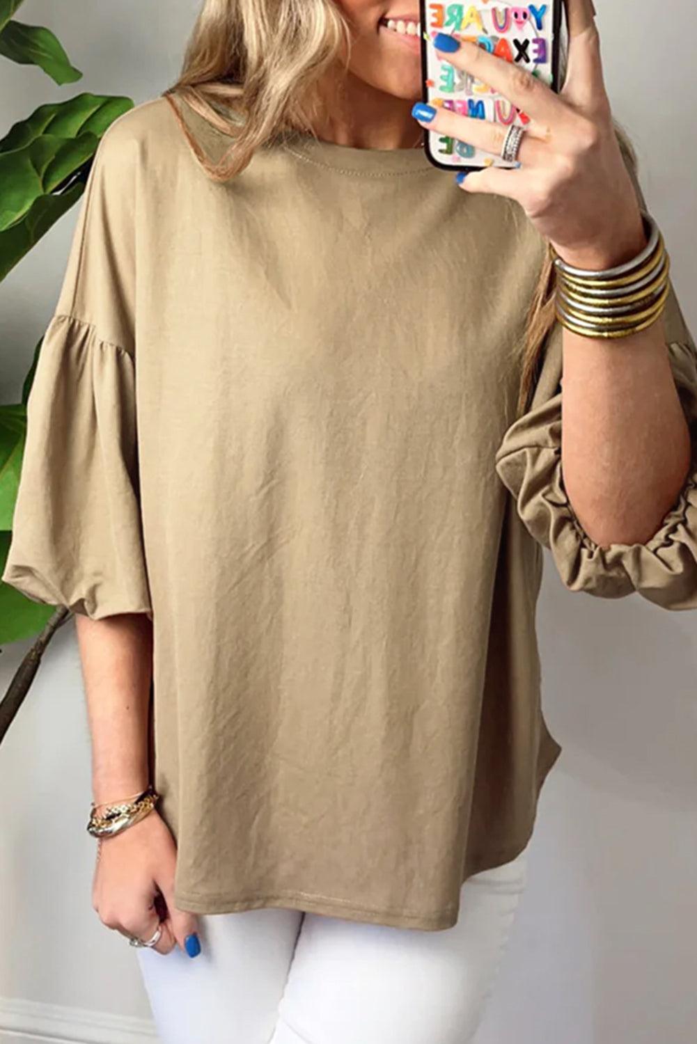 Light French Beige Solid Color Lantern Sleeve Drop Shoulder Blouse - L & M Kee, LLC