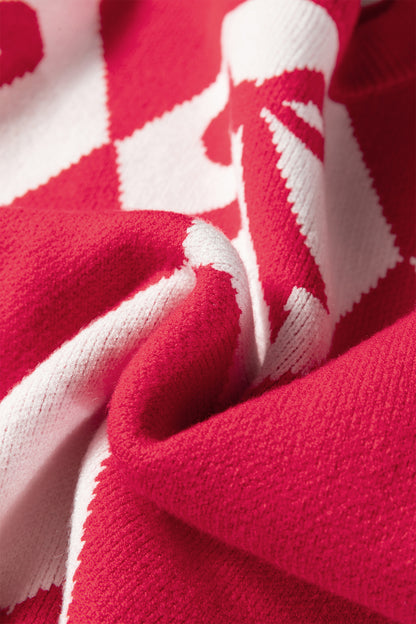 Red Bow Print 2-tone Rhombus Knit Loose Sweater