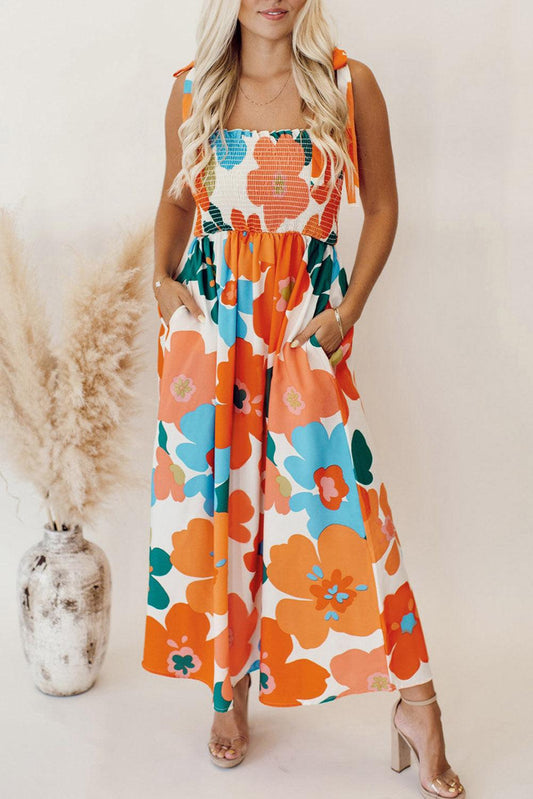 Orange Floral Self Tied Straps Smocked Bust Maxi Dress - L & M Kee, LLC